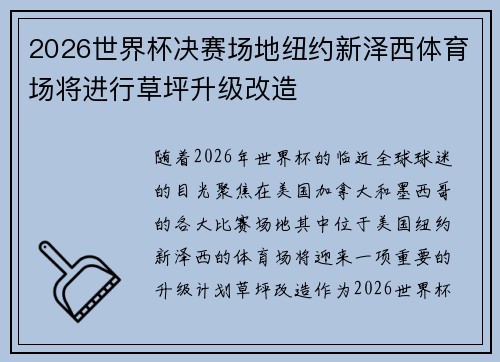 2026世界杯决赛场地纽约新泽西体育场将进行草坪升级改造
